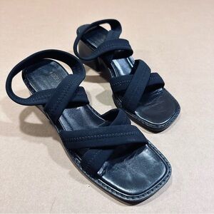DONALD PLINER Black Stretch Fabric Strappy Heel Square Toe Sandals Size 6